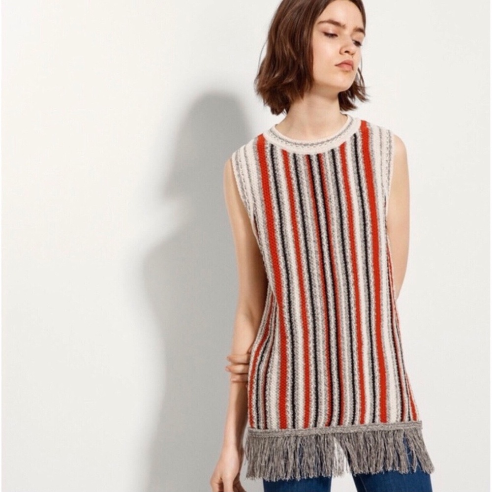 Zara Massimo Dutti Striped Knit Sleeveless Fringe Sweater Tunic Tank Top…